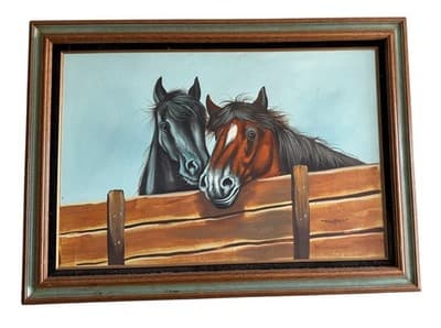Vintage Oil Painting: Affectionate Black & Chestnut Horses Over Rustic Fence - Thumbnail 2