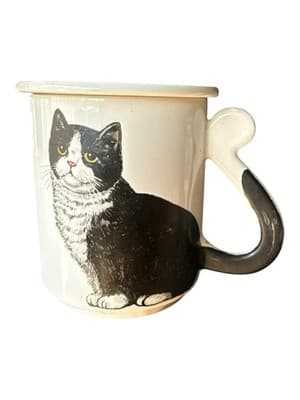 1980’s Black Cat Ceramic Coffee Mug With Coaster Lid Japan Cute Kitty Handle - Thumbnail 2