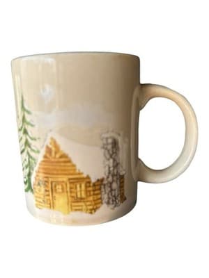 Vintage Rustic Log Cabin Stoneware Coffee Mug Winter Lodge Cabin Scene - Thumbnail 2