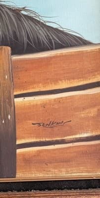 Vintage Oil Painting: Affectionate Black & Chestnut Horses Over Rustic Fence - Thumbnail 6