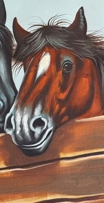 Vintage Oil Painting: Affectionate Black & Chestnut Horses Over Rustic Fence - Thumbnail 7