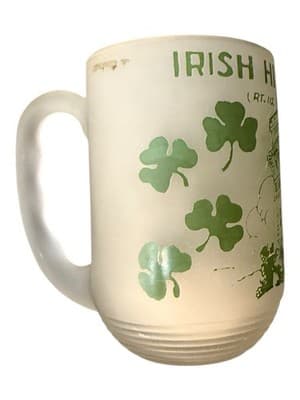 Vintage Irish Hills Towers Michigan Frosted Glass Mug Shamrocks Souvenir - Thumbnail 2