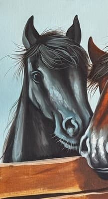 Vintage Oil Painting: Affectionate Black & Chestnut Horses Over Rustic Fence - Thumbnail 8