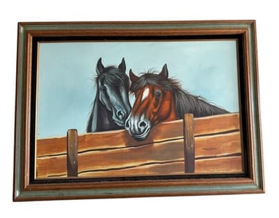 Vintage Oil Painting: Affectionate Black & Chestnut Horses Over Rustic Fence - Thumbnail 5