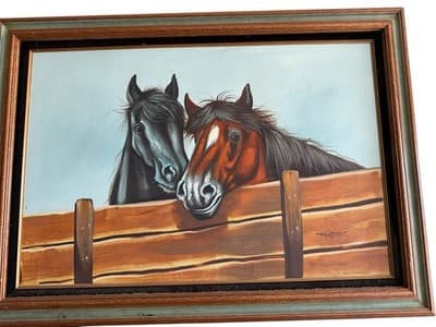 Vintage Oil Painting: Affectionate Black & Chestnut Horses Over Rustic Fence - Thumbnail 3