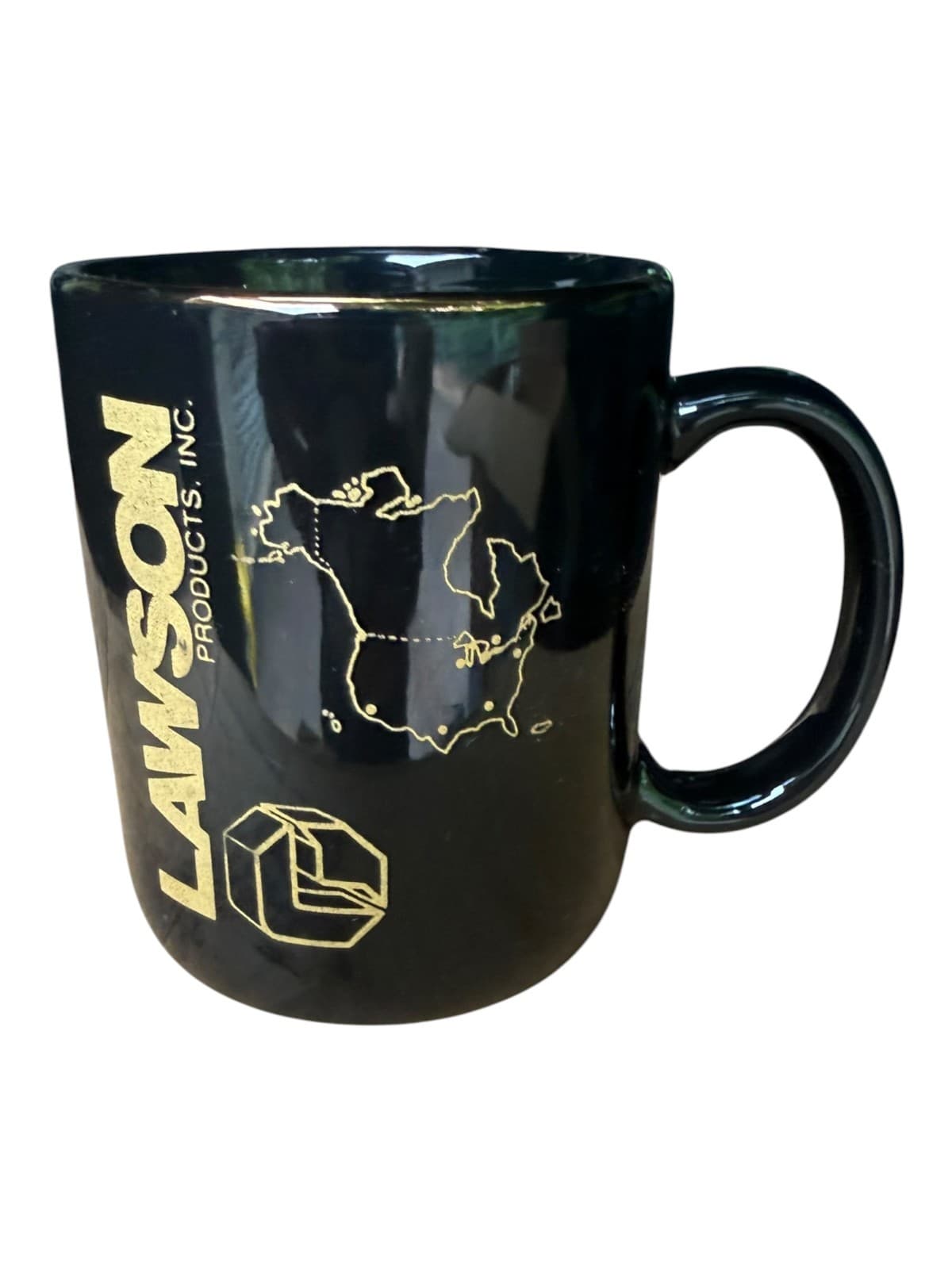 Lawson Products Black Ceramic Coffee Mug with Gold Map Logo - Image 1