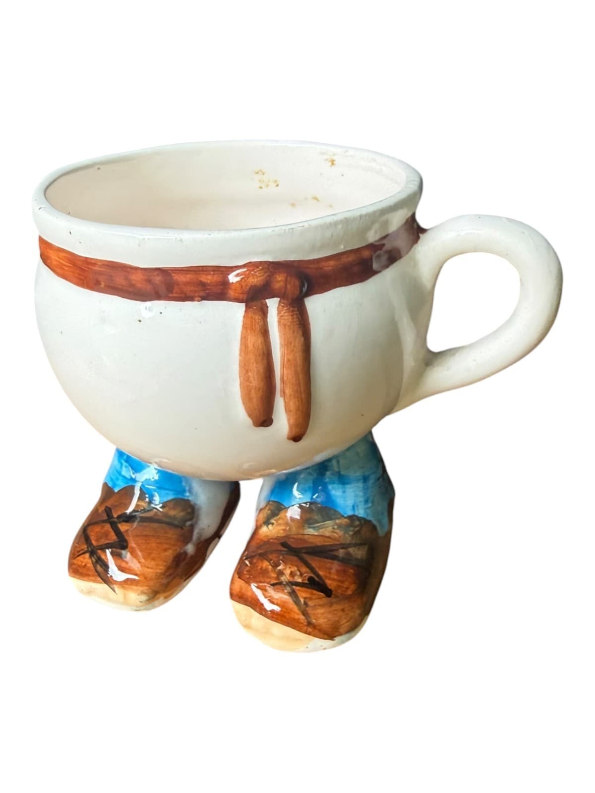 Vintage Walking Feet Ceramic Coffee Mug Cup White with Handle Brown Foot & Trim - Thumbnail 2