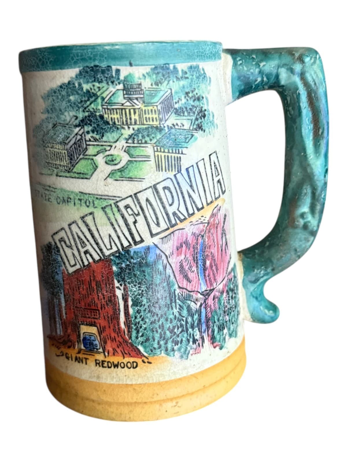 VTG California State Capitol Giant Redwood Tree Mt Shasta Ceramic Beer Stein Mug - Image 1