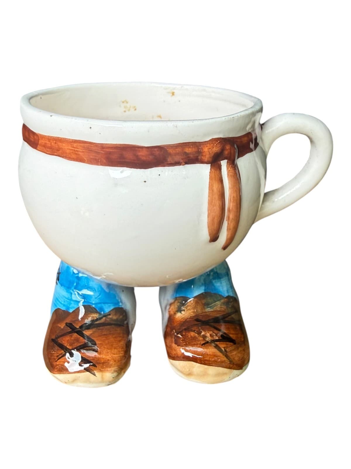 Vintage Walking Feet Ceramic Coffee Mug Cup White with Handle Brown Foot & Trim - Image 1