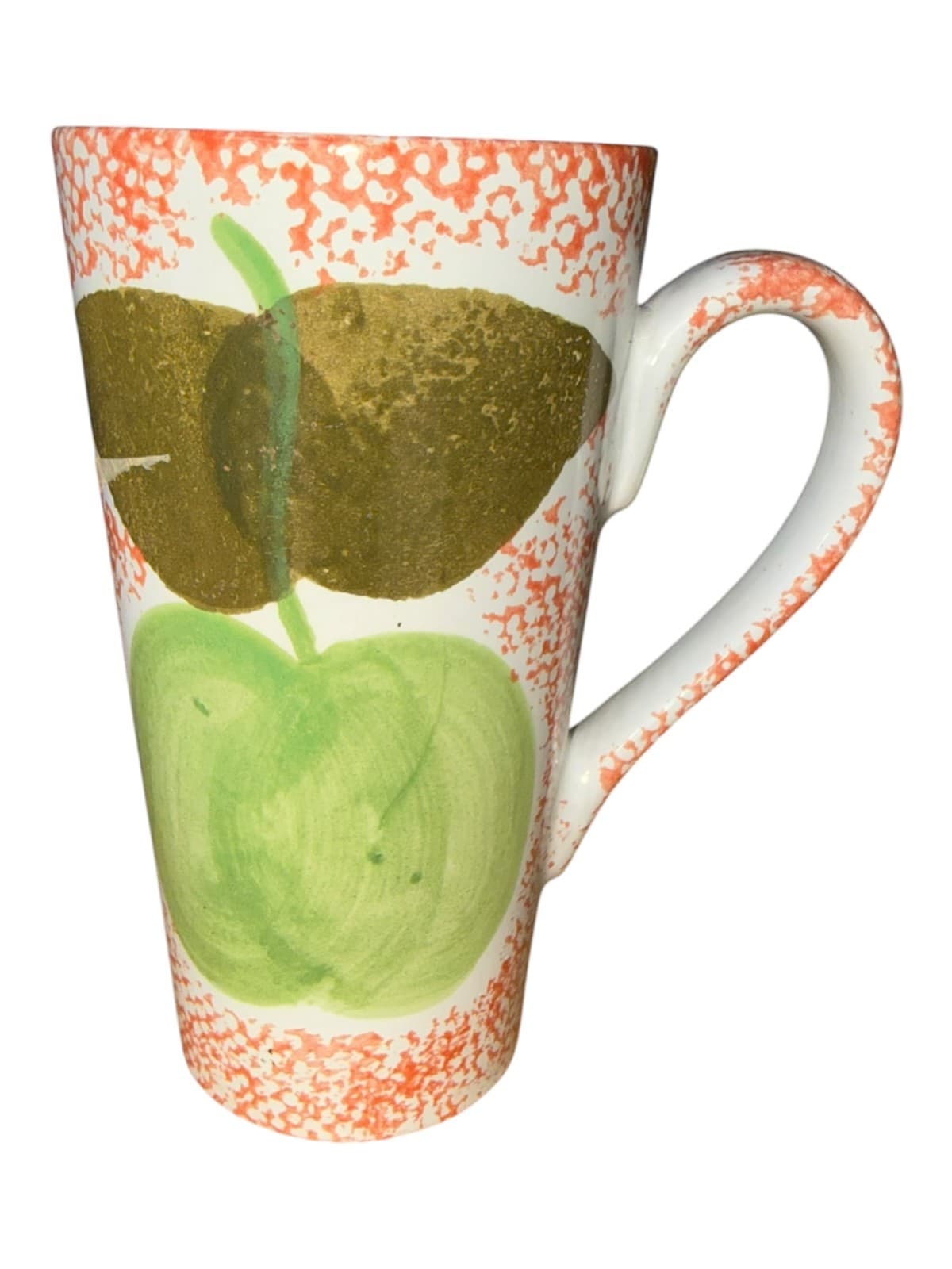 Vintage Gabbay Green Apple Hand Painted Ceramic Coffee Mug Cup White Orange - Image 1