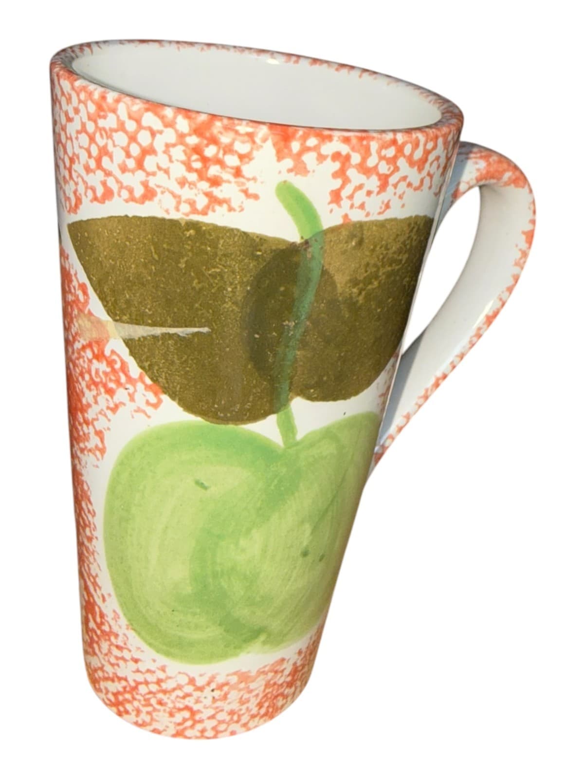 Vintage Gabbay Green Apple Hand Painted Ceramic Coffee Mug Cup White Orange - Thumbnail 3