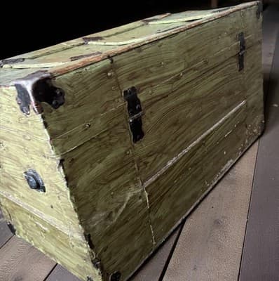 Vintage 1920s-1950s Green Painted Wooden Trunk Chest Metal Hardware - Thumbnail 8