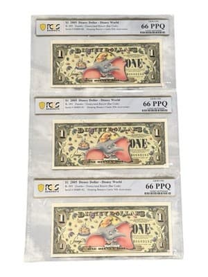 2005 Disney Dollar Dumbo Set PCGS 66 PPQ 3 Consecutive Serials Castle 50th - Thumbnail 3