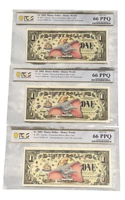 2005 Disney Dollar Dumbo Set PCGS 66 PPQ 3 Consecutive Serials Castle 50th - Thumbnail 13