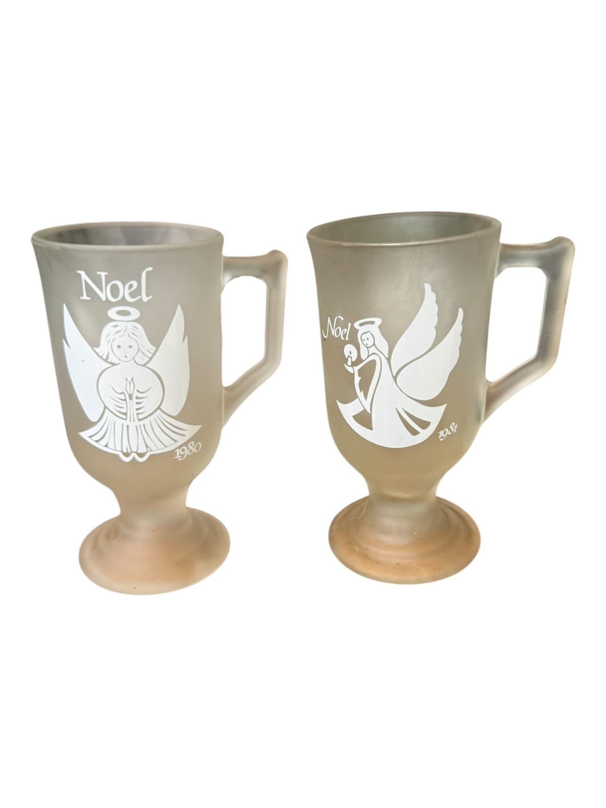 1980 And 1981 Vintage Angel Frosted Glass Irish Footed Noel Coffee Mugs Cup - Thumbnail 2