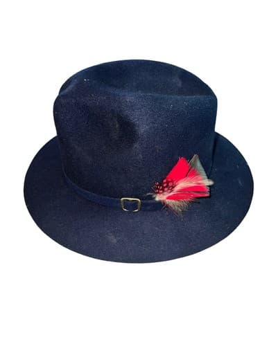 Vintage Navy Blue Fedora Hat with Feather Accent - Classic Felt Men’s Hat - Image 1