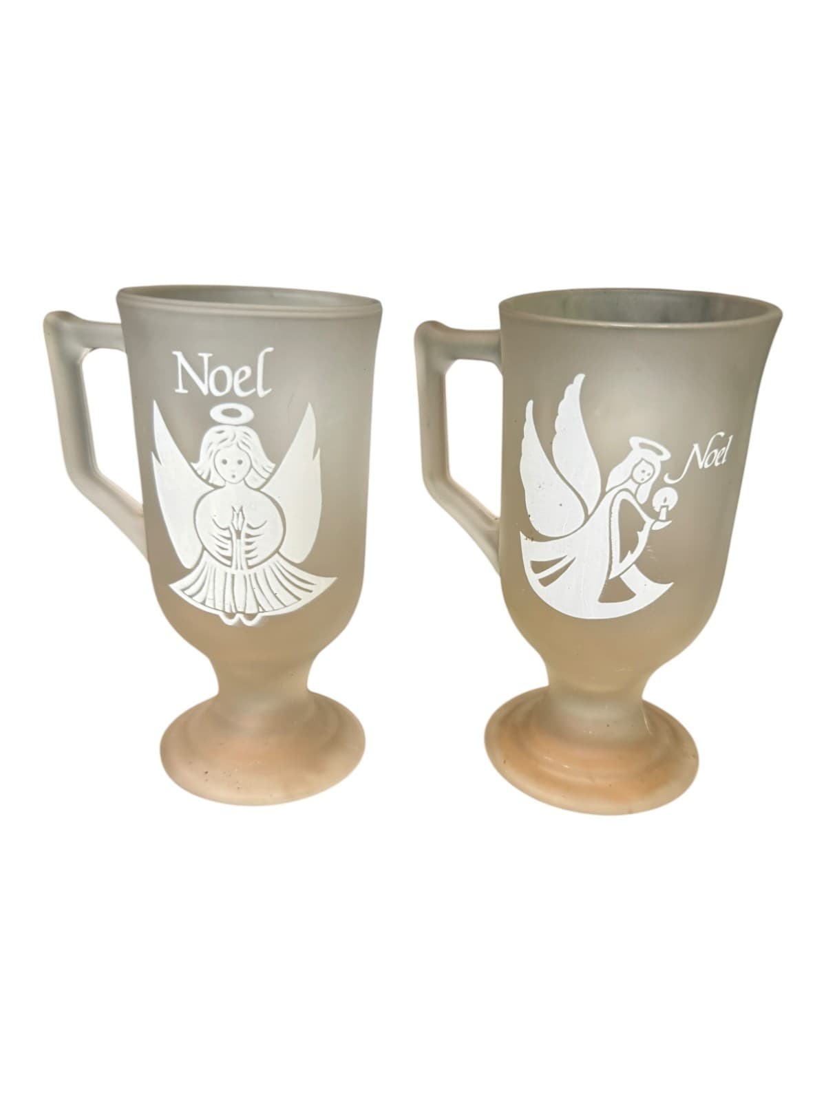 1980 And 1981 Vintage Angel Frosted Glass Irish Footed Noel Coffee Mugs Cup - Thumbnail 5