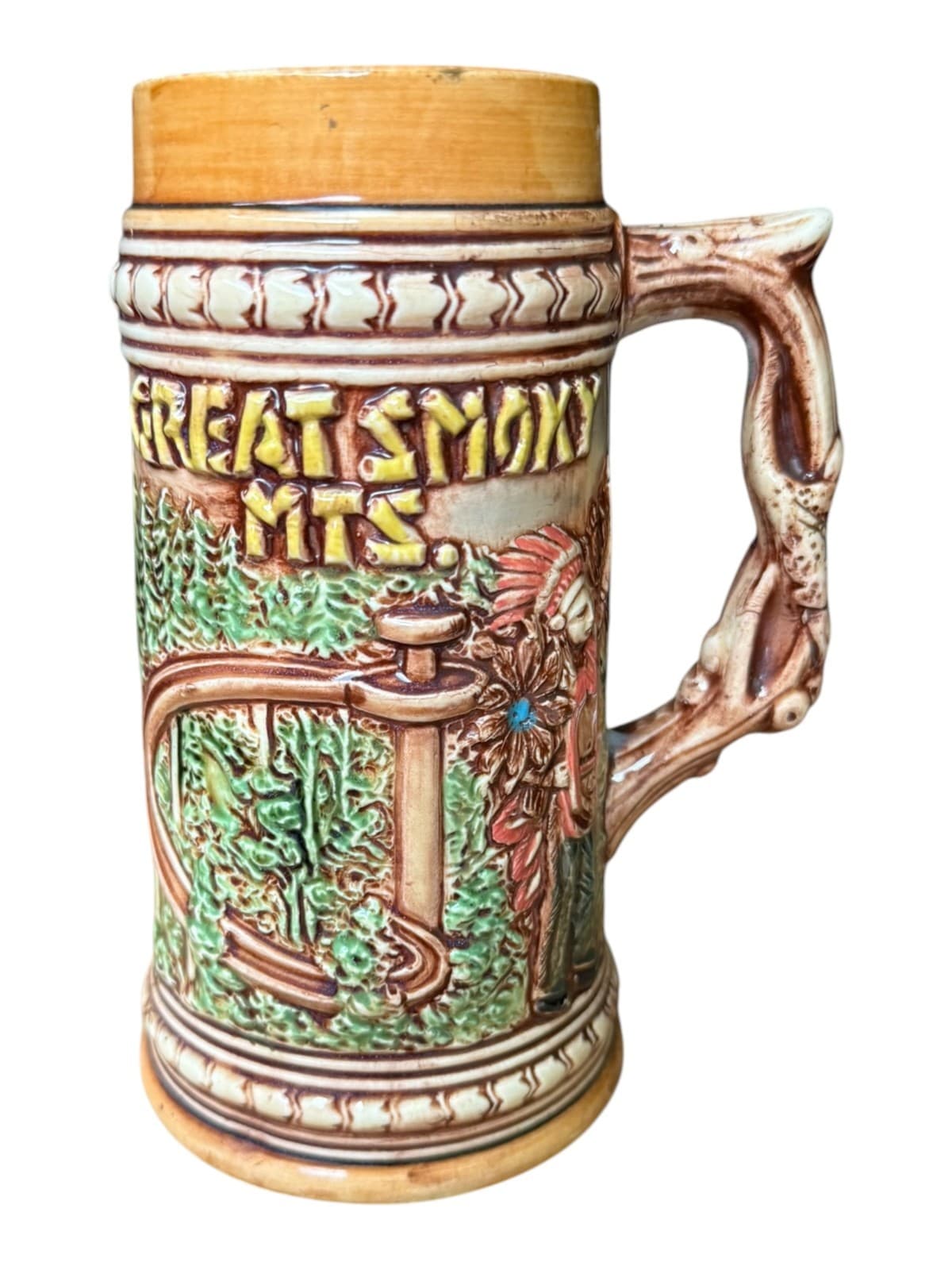 Vintage Raised Relief Beer Stein Mug Black Bear Indian Great Smokey Mountains - Image 1
