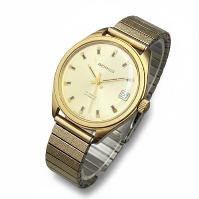 Benrus Men's Swiss Gold 25 Jewel Automatic Calendar Watch with Bracelet Running - Image 1