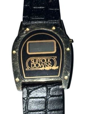 Vintage Suffolk Downs Horseshoe Digital Watch Promo Gold Tone Needs Battery - Thumbnail 2