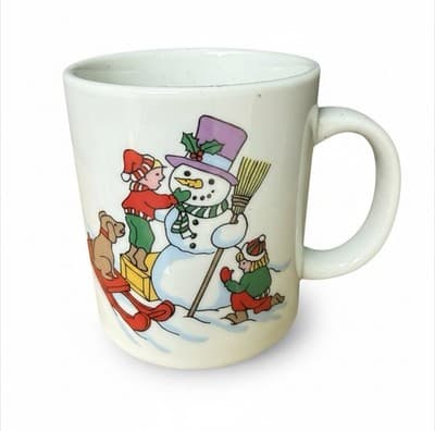 Vintage Snowman Christmas Printed Coffee Mug White Ceramic - Image 1