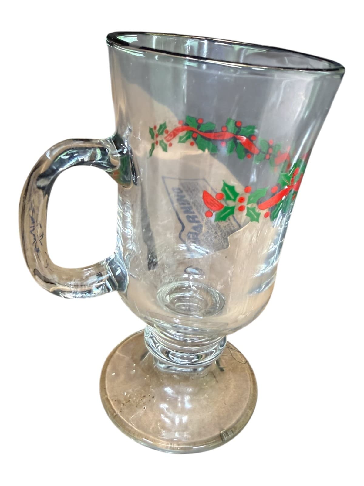 Vintage Clear Glass Pedestal Irish Footed Christmas Holly & Berry Coffee Mug - Thumbnail 3