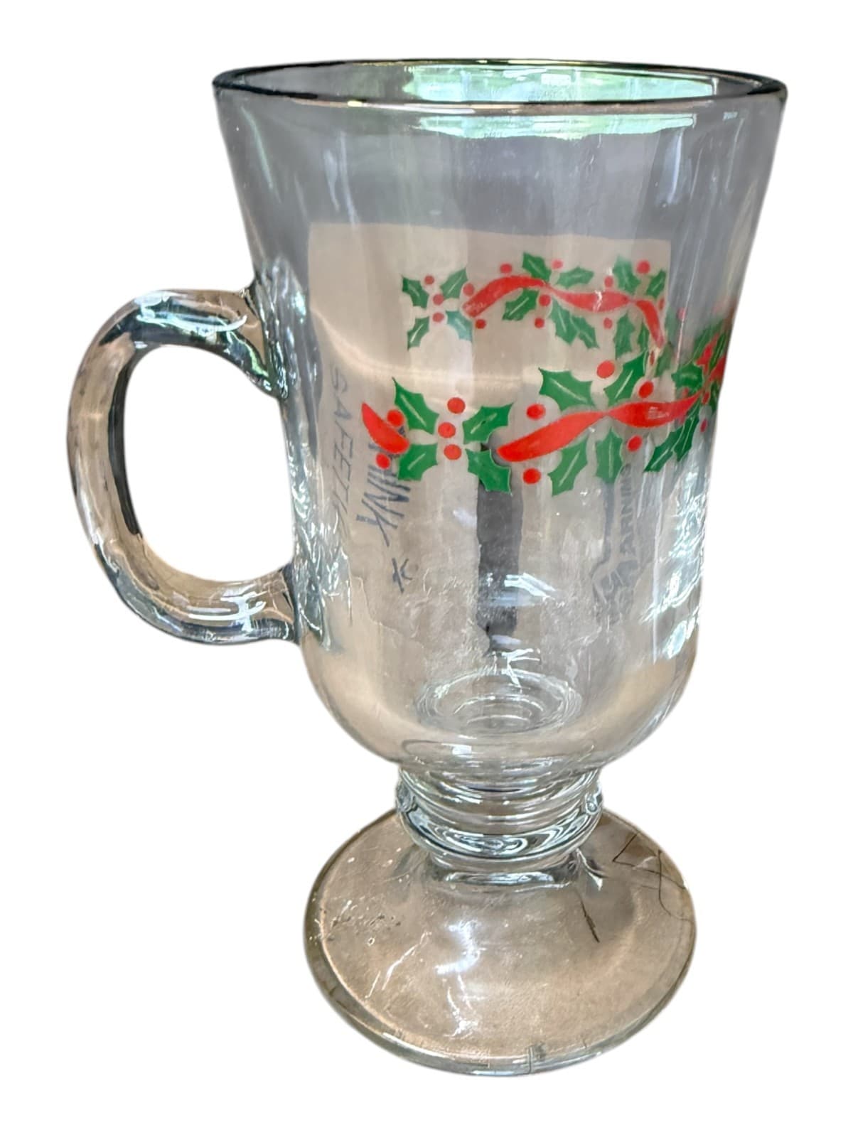 Vintage Clear Glass Pedestal Irish Footed Christmas Holly & Berry Coffee Mug - Image 1