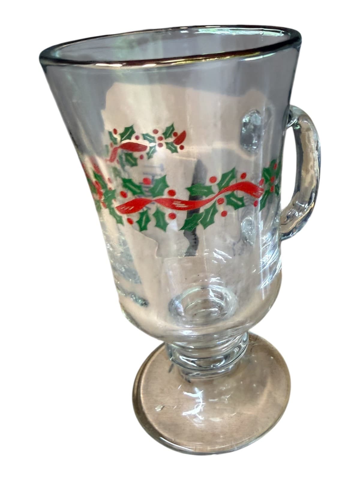 Vintage Clear Glass Pedestal Irish Footed Christmas Holly & Berry Coffee Mug - Thumbnail 5