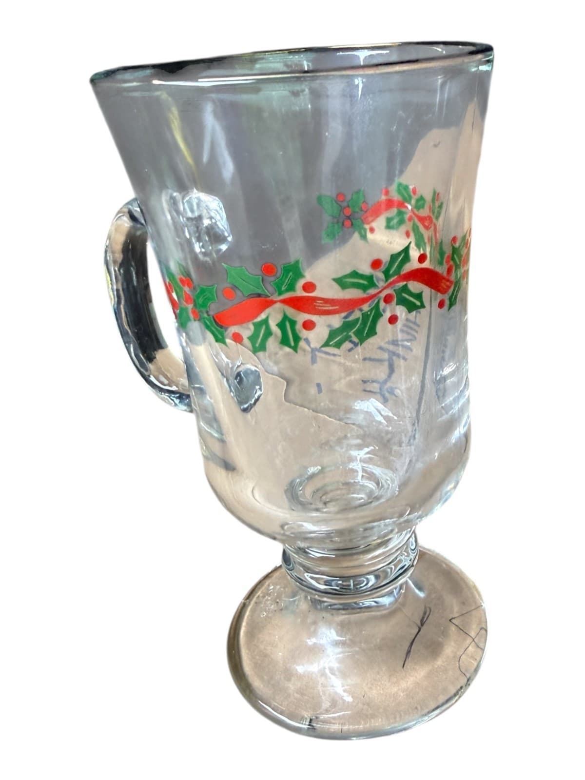 Vintage Clear Glass Pedestal Irish Footed Christmas Holly & Berry Coffee Mug - Thumbnail 2