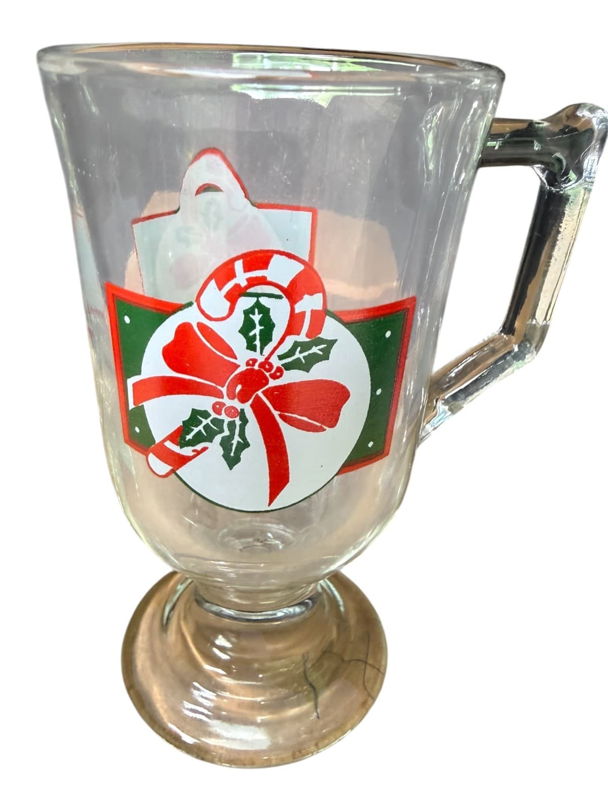 Vintage Clear Glass Pedestal Irish Christmas Candy Cane Coffee Mug Original - Thumbnail 2