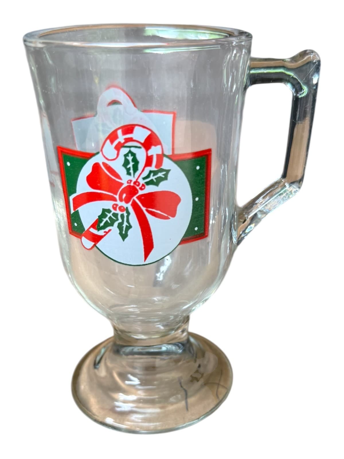 Vintage Clear Glass Pedestal Irish Christmas Candy Cane Coffee Mug Original - Image 1