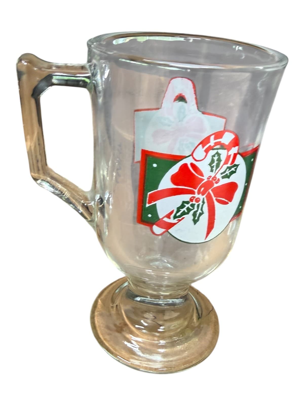 Vintage Clear Glass Pedestal Irish Christmas Candy Cane Coffee Mug Original - Thumbnail 4