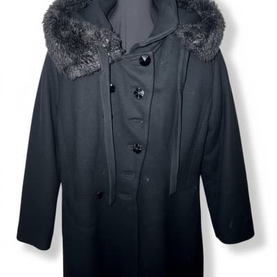Womens Vintage 50s Persian Lamb Collar Wool Coat Black Medium - Thumbnail 5