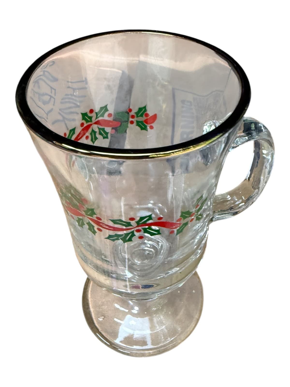 Vintage Clear Glass Pedestal Irish Footed Christmas Holly & Berry Coffee Mug - Thumbnail 6