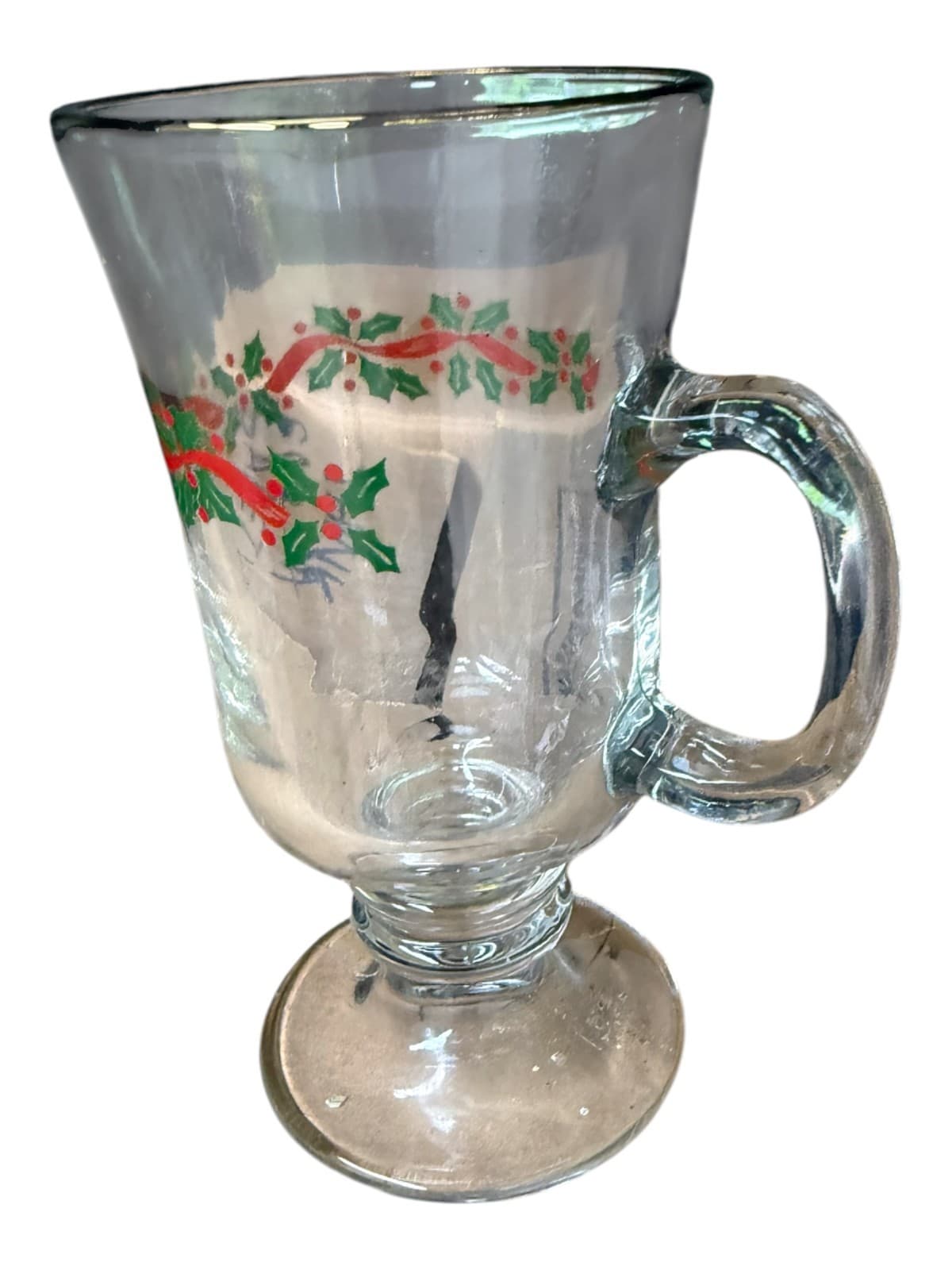 Vintage Clear Glass Pedestal Irish Footed Christmas Holly & Berry Coffee Mug - Thumbnail 4