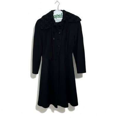 Womens Vintage 50s Persian Lamb Collar Wool Coat Black Medium - Thumbnail 3