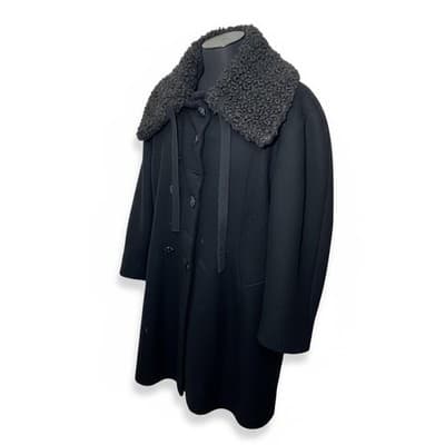 Womens Vintage 50s Persian Lamb Collar Wool Coat Black Medium - Thumbnail 2