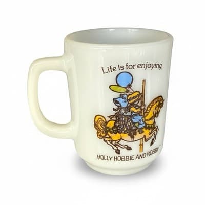 Vtg Holly Robby Hobbie Carousel Horse Milk Glass Mug White Horse Enjoying - Image 1