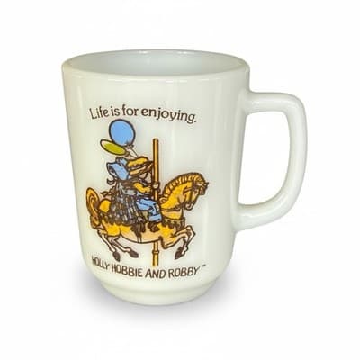 Vtg Holly Robby Hobbie Carousel Horse Milk Glass Mug White Horse Enjoying - Thumbnail 2