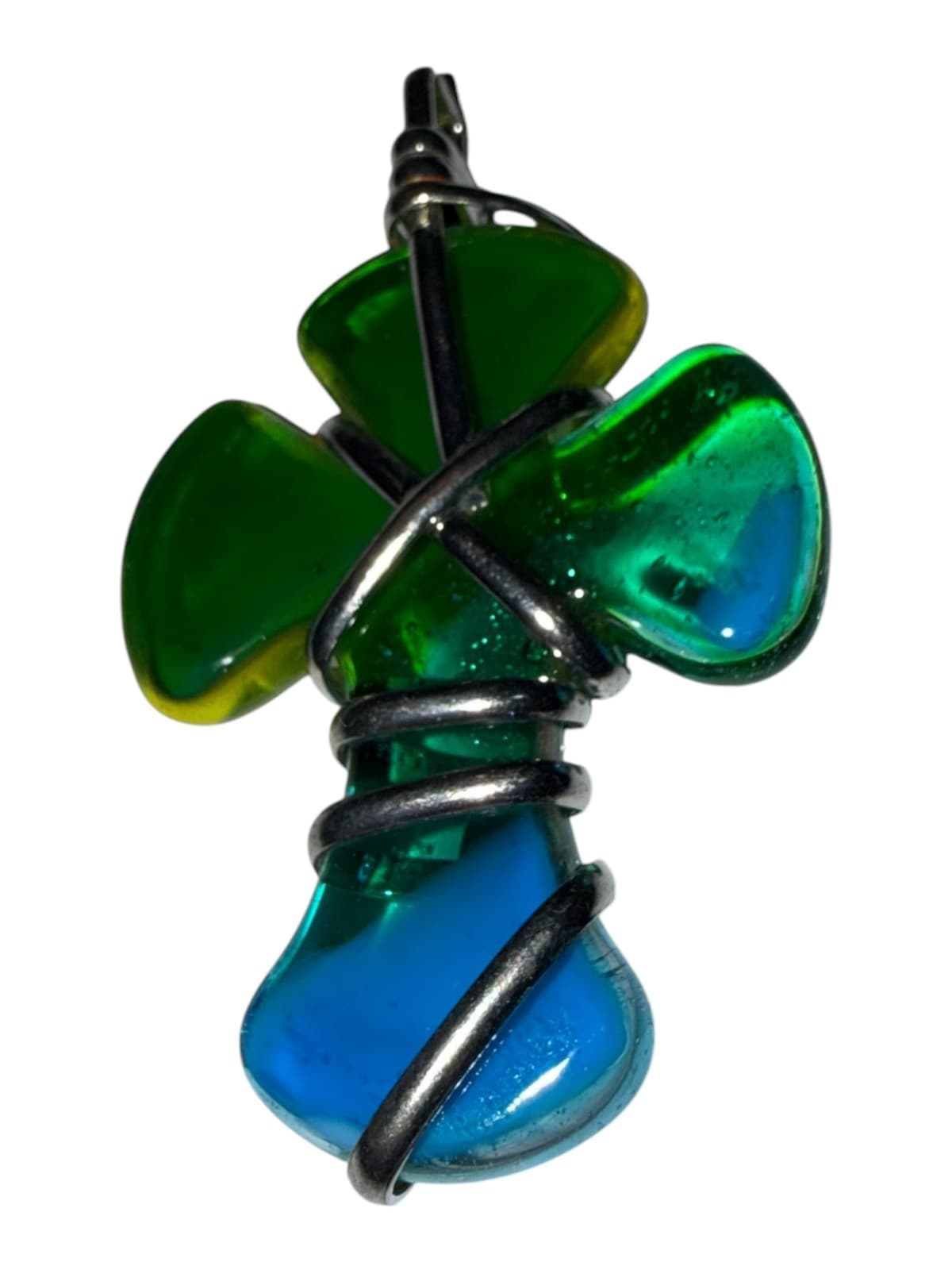 Handmade Glass Cross Pendant Wire Wrapped Green Blue Teal Religious - Thumbnail 2