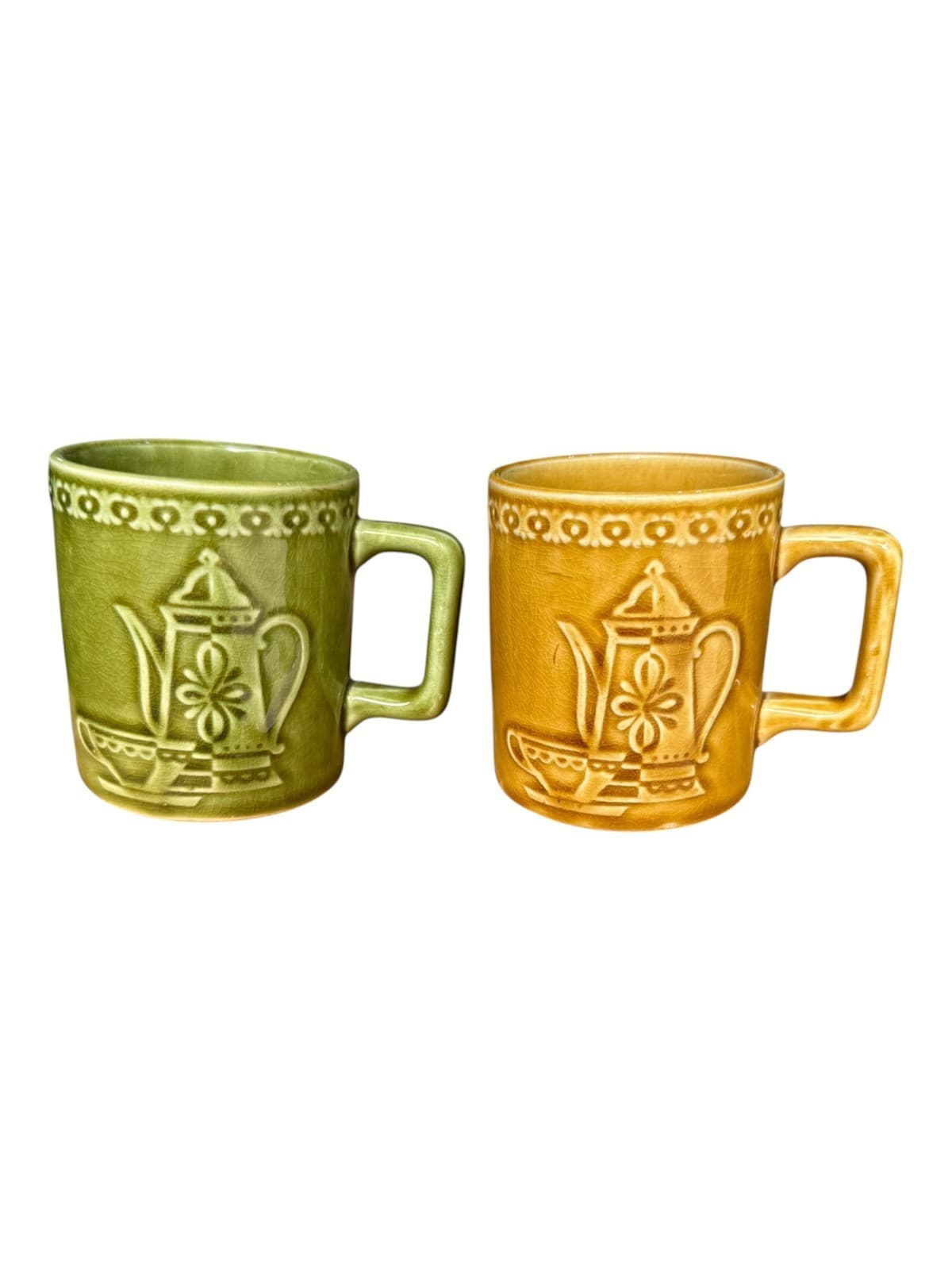 Lot of 2 Teapot Embossed Design Stacking Coffee Mugs Brown and Green Ceramic - Thumbnail 2