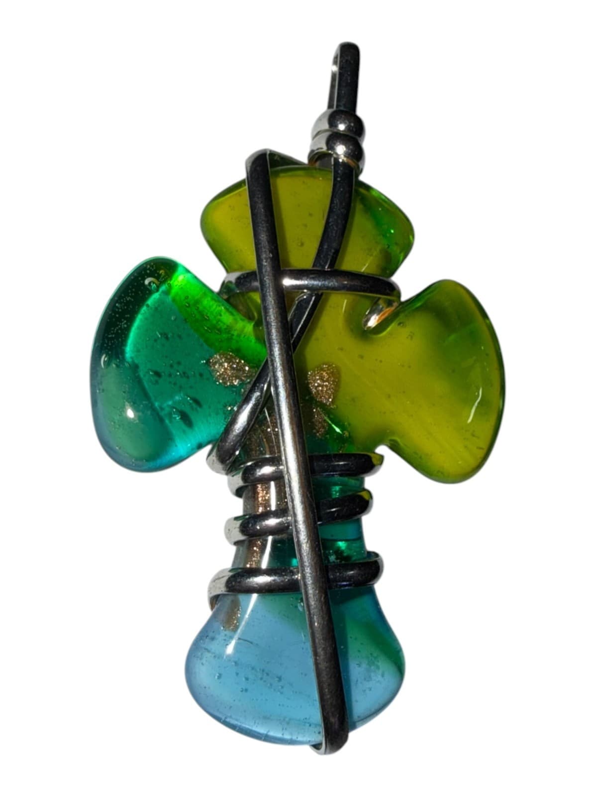Handmade Glass Cross Pendant Wire Wrapped Green Blue Teal Religious - Thumbnail 4