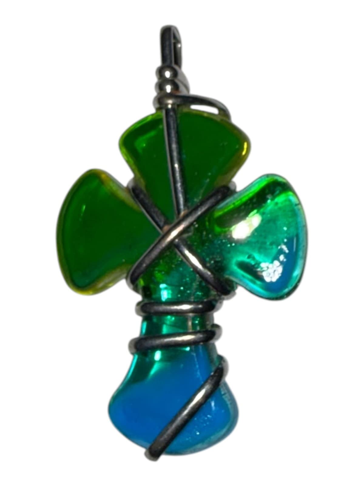Handmade Glass Cross Pendant Wire Wrapped Green Blue Teal Religious - Image 1