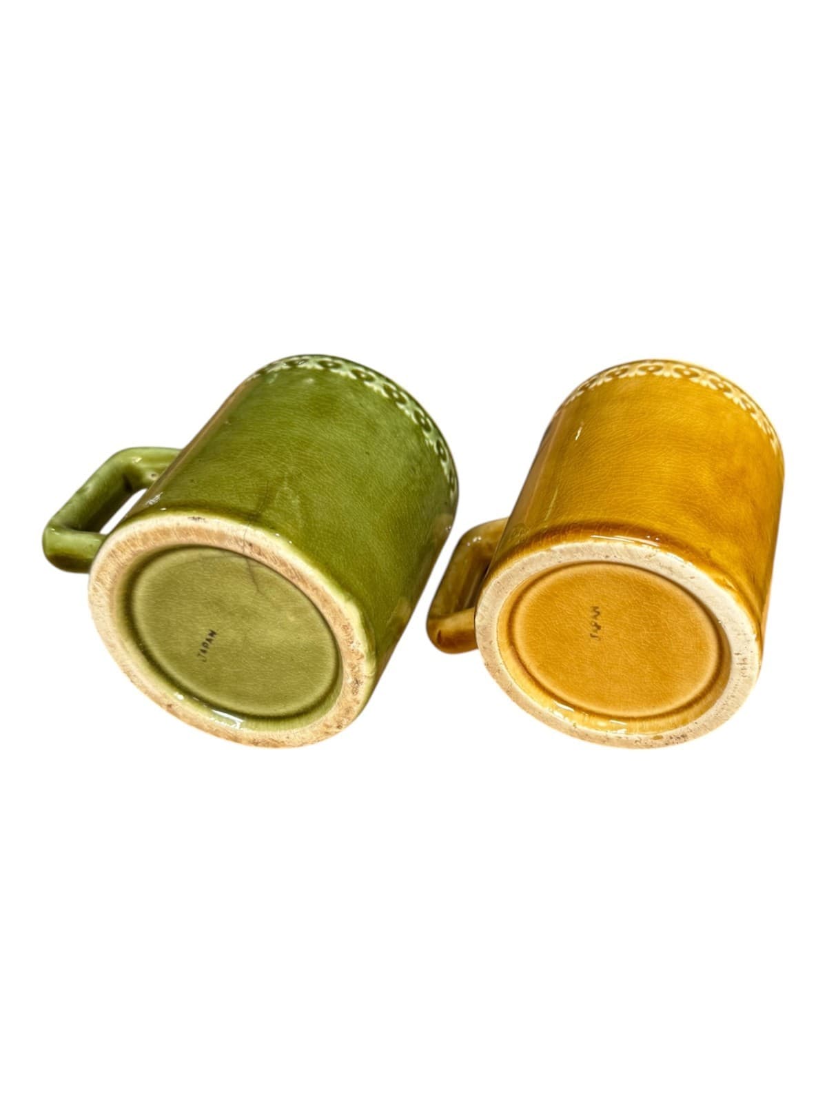 Lot of 2 Teapot Embossed Design Stacking Coffee Mugs Brown and Green Ceramic - Thumbnail 7