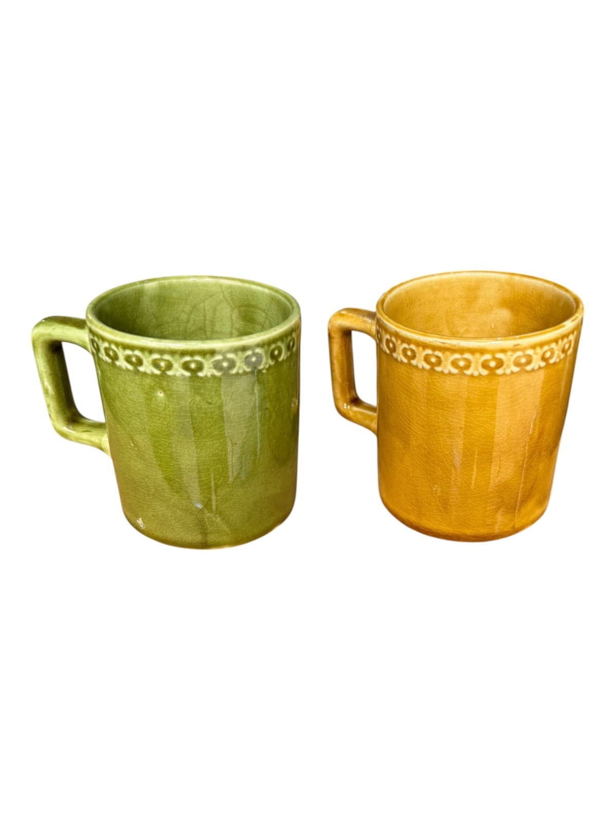 Lot of 2 Teapot Embossed Design Stacking Coffee Mugs Brown and Green Ceramic - Thumbnail 6