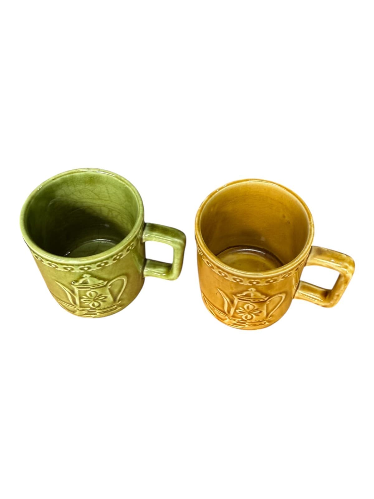 Lot of 2 Teapot Embossed Design Stacking Coffee Mugs Brown and Green Ceramic - Thumbnail 5