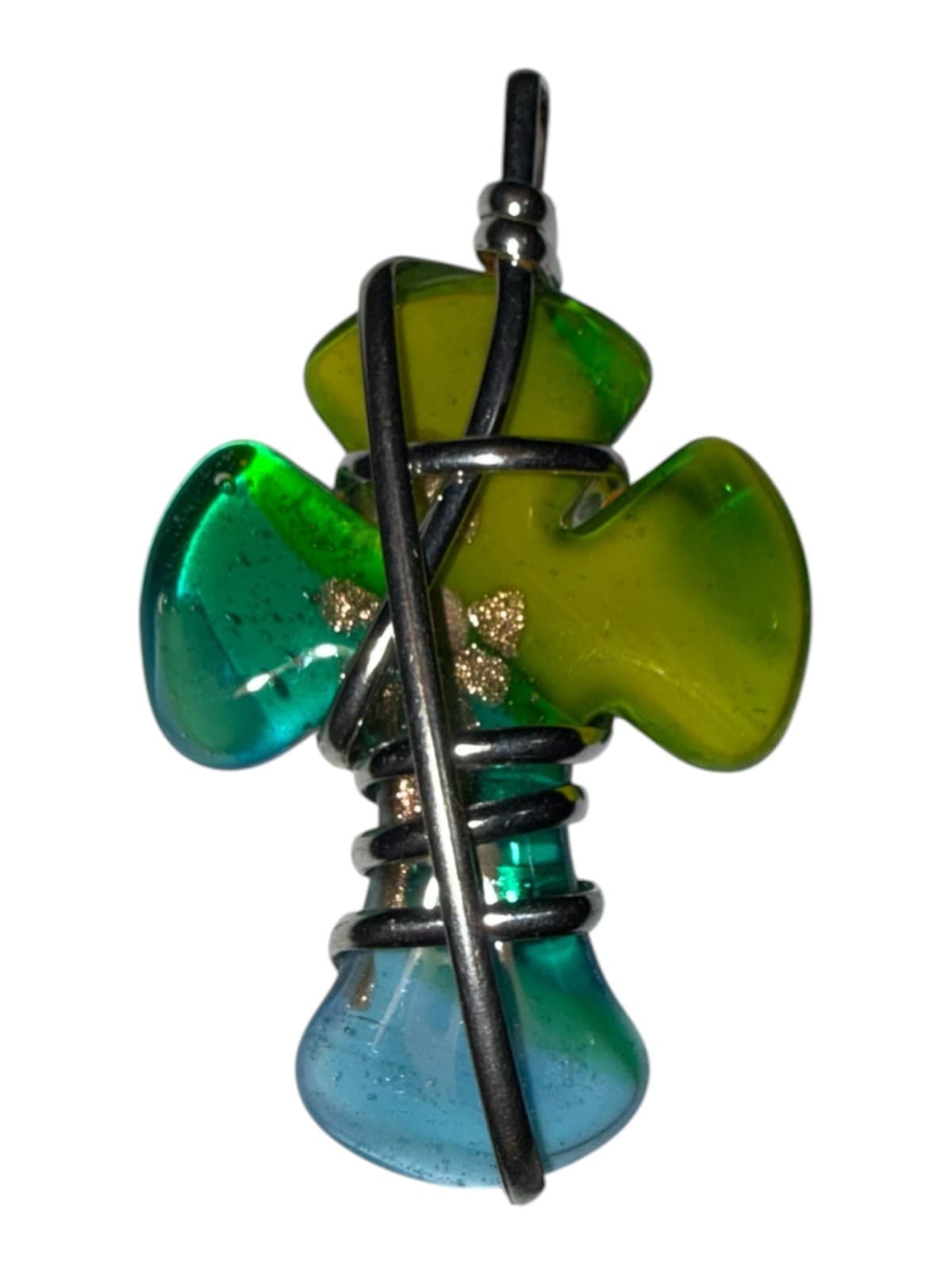 Handmade Glass Cross Pendant Wire Wrapped Green Blue Teal Religious - Thumbnail 3