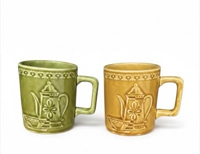 Lot of 2 Teapot Embossed Design Stacking Coffee Mugs Brown and Green Ceramic - Image 1