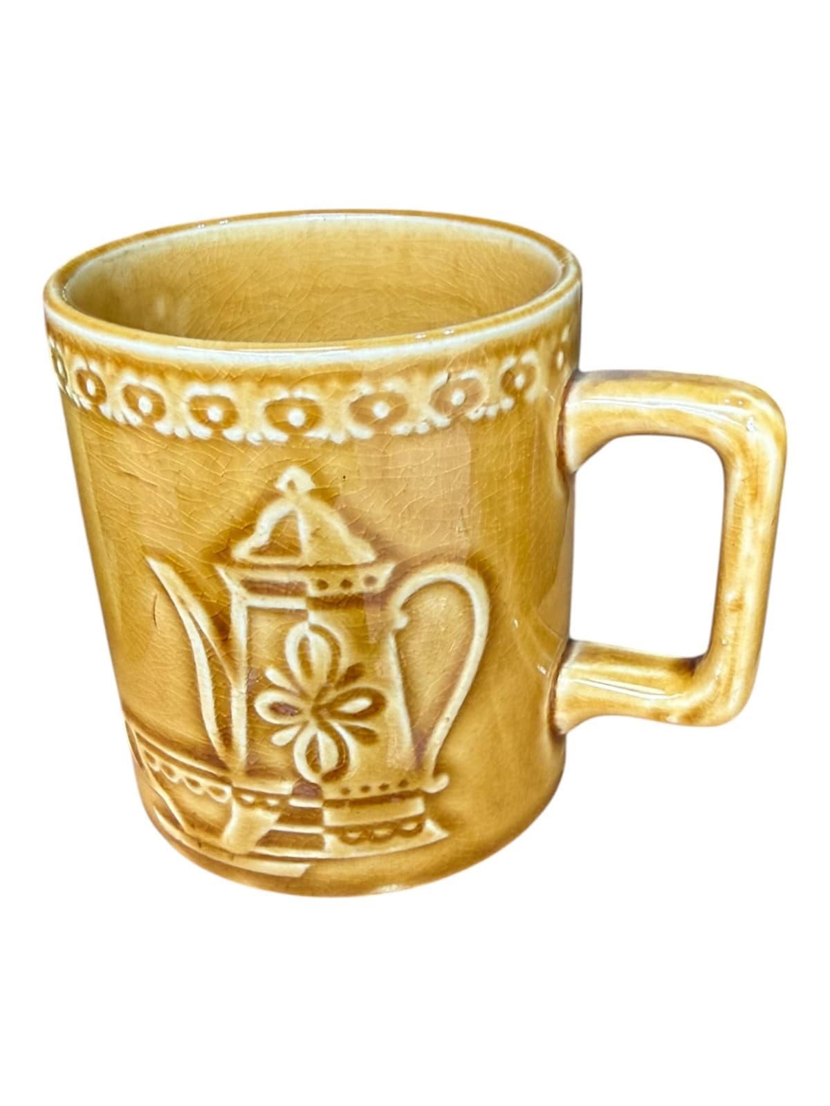 Lot of 2 Teapot Embossed Design Stacking Coffee Mugs Brown and Green Ceramic - Thumbnail 4