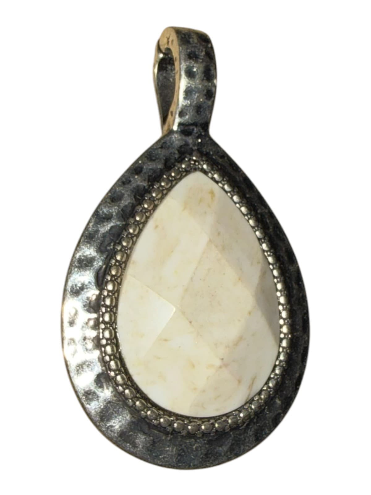 Vintage Teardrop Pendant Hammered Silver Two-tone Red Howlite Cream Stone Boho - Thumbnail 2